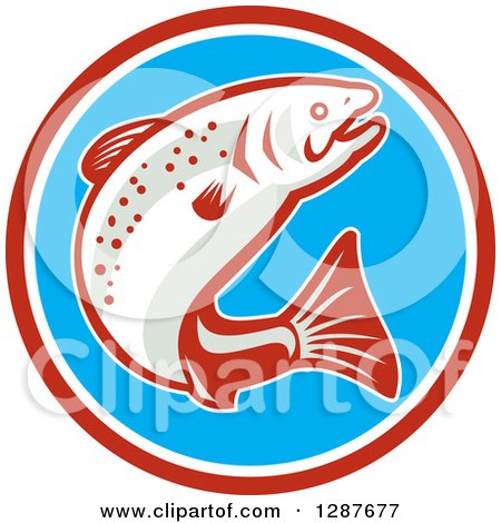Clipart of a Retro Jumping Trout Fish in a Red White and Blue Circle - Royalty Free Vector Illustration by patrimonio