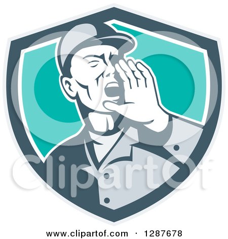 Clipart of a Retro Male Worker Shouting in a Gray White and Turquoise Shield - Royalty Free Vector Illustration by patrimonio