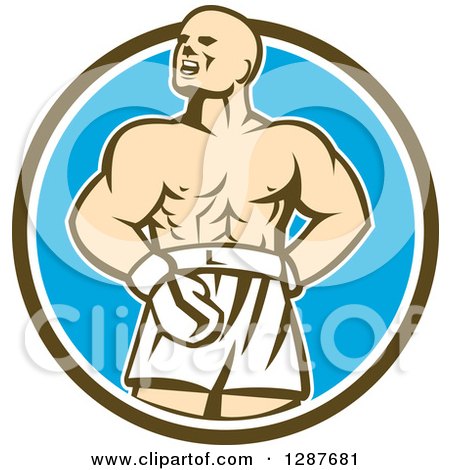 Clipart of a Retro Male Boxer Champion Shouting in a Brown White and Blue Circle - Royalty Free Vector Illustration by patrimonio