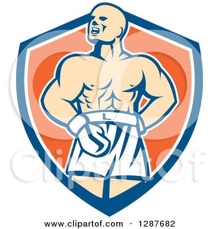 Clipart of a Retro Male Boxer Champion Shouting in a Blue White and Orange Shield - Royalty Free Vector Illustration by patrimonio