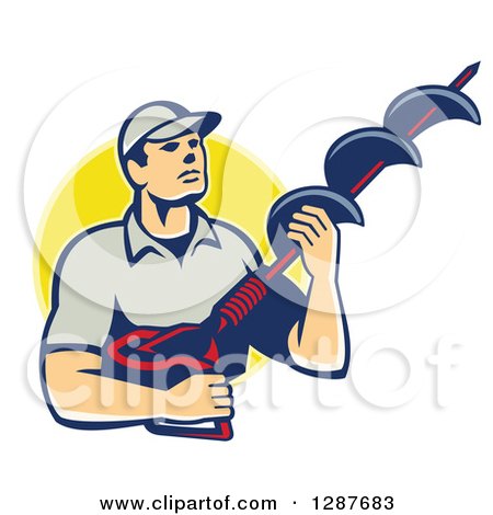 Clipart of a Retro Caucasian Male Worker Holding a Hole Driller over a Yellow Circle - Royalty Free Vector Illustration by patrimonio