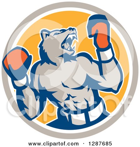 Clipart of a Retro Muscular Bear Boxer Fighter Roaring in a Taupe White and Yellow Circle - Royalty Free Vector Illustration by patrimonio