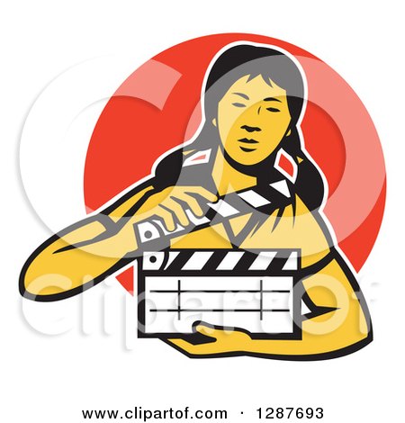 Clipart of a Retro Female Asian Film Crew Worker Holding a Clapper over an Orange Circle - Royalty Free Vector Illustration by patrimonio
