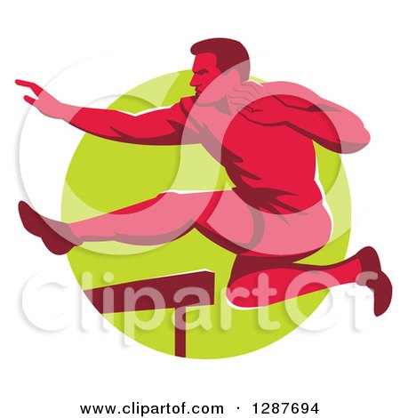 Clipart of a Retro Red Male Track and Field Athlete Running and Leaping Hurdles over a Green Circle - Royalty Free Vector Illustration by patrimonio
