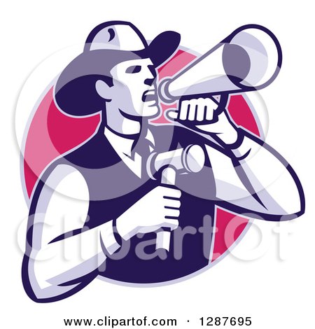 Clipart of a Retro Cowboy Auctioneer Holding a Gavel and Shouting in a Bullhorn Megaphone, in a Purple and Pink Circle - Royalty Free Vector Illustration by patrimonio