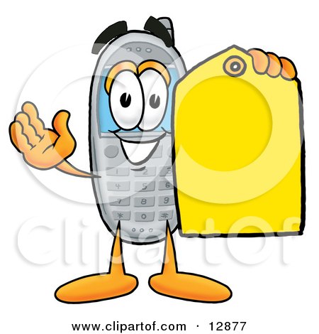Clipart Picture of a Wireless Cellular Telephone Mascot Cartoon Character Holding a Yellow Sales Price Tag by Mascot Junction