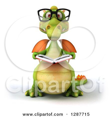 Clipart of a 3d Bespectacled Green Dragon Reading a Book - Royalty Free Illustration by Julos