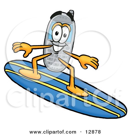 Clipart Picture of a Wireless Cellular Telephone Mascot Cartoon Character Surfing on a Blue and Yellow Surfboard by Mascot Junction