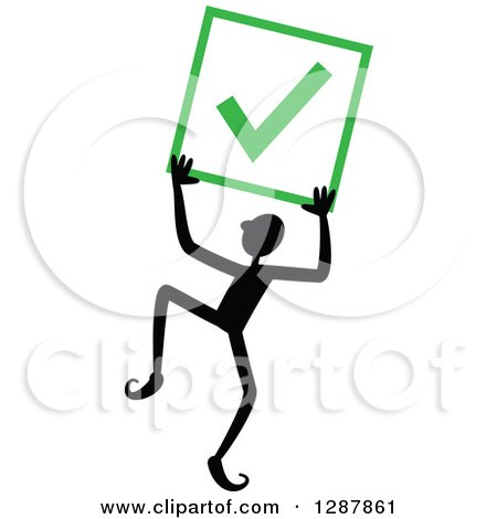 Clipart of a Happy Black Stick Man Holding up a Completed or Right Check Mark - Royalty Free Vector Illustration by Prawny