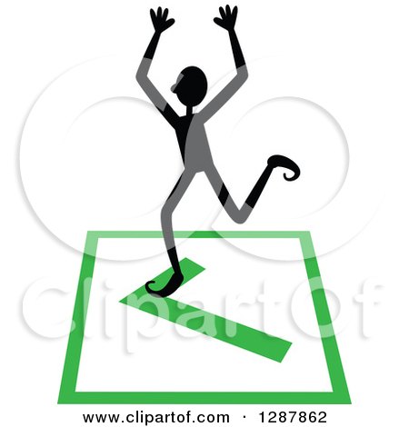Clipart of a Black Stick Man Cheering on a Completed or Right Check Mark - Royalty Free Vector Illustration by Prawny