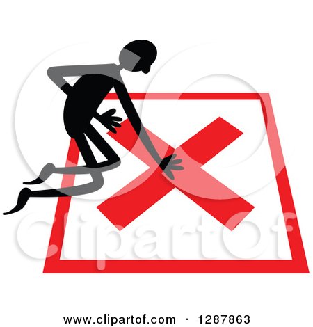Clipart of a Black Stick Man Kneeling on a No, Wrong, or Declined X Mark - Royalty Free Vector Illustration by Prawny