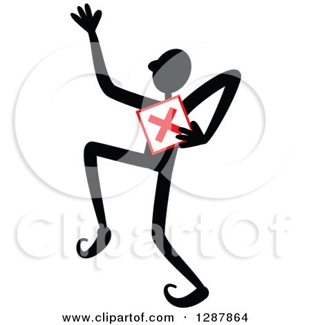 Clipart of a Black Stick Man Marching with a No, Wrong, or Declined X Mark - Royalty Free Vector Illustration by Prawny