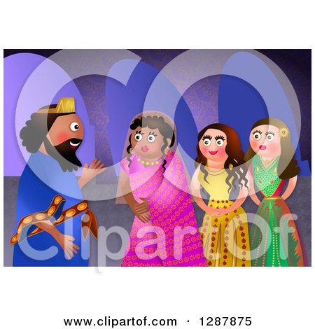 Clipart of the Jewish Feast of Purim Showing the King Seeking a New Queen out of Beautiful Girls - Royalty Free Illustration by Prawny