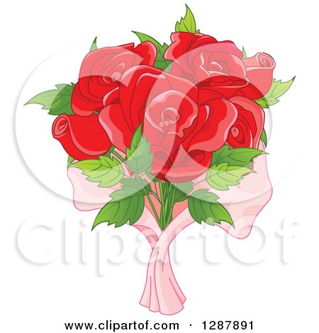 Clipart of a Bouquet of Six Red Roses in Pink Wrap - Royalty Free Vector Illustration by Pushkin