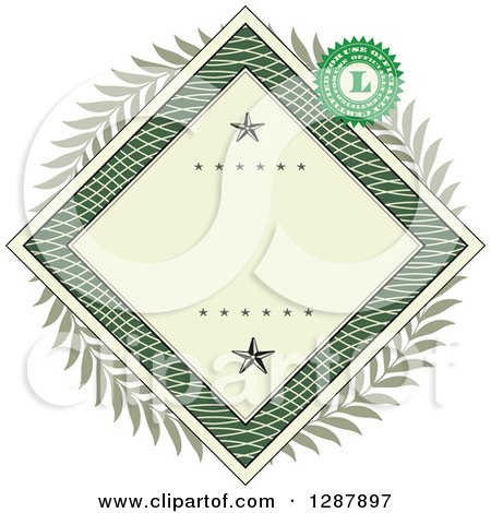 Clipart of an American Dollar Themed Diamond Frame with Stars, a Laurel Wreath and Stamp - Royalty Free Vector Illustration by BestVector