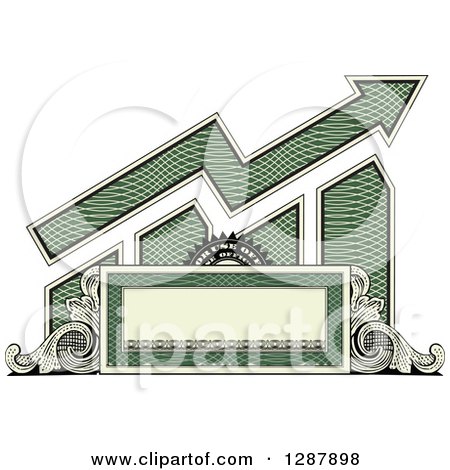 Clipart of an American Dollar Themed Bar Graph and Growth Arrow with a Blank Banner, Frame and Scrolls - Royalty Free Vector Illustration by BestVector