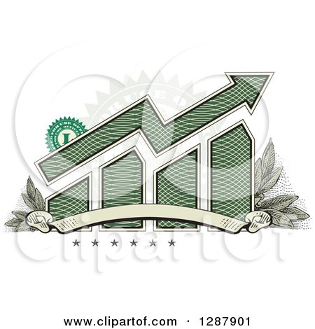 Clipart of an American Dollar Themed Bar Graph and Growth Arrow with a Blank Banner, Stars, Stamp and Leaves - Royalty Free Vector Illustration by BestVector