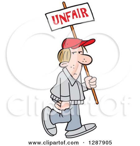Clipart of a Dirty Blond Caucasian Man Walking with an Unfair Sign - Royalty Free Vector Illustration by Johnny Sajem
