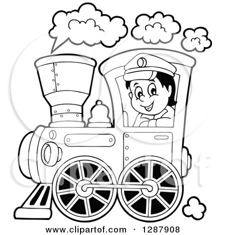 Clipart of a Black and White Happy Male Train Engineer Driving - Royalty Free Vector Illustration by visekart