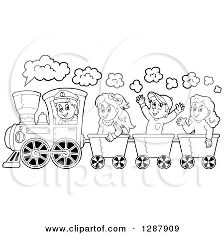 Clipart of a Black and White Happy Male Train Engineer Driving Children in Cars - Royalty Free Vector Illustration by visekart