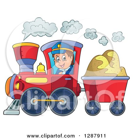 Clipart of a Happy White Male Train Engineer Driving a Steam Engine with a Cart of Sand - Royalty Free Vector Illustration by visekart