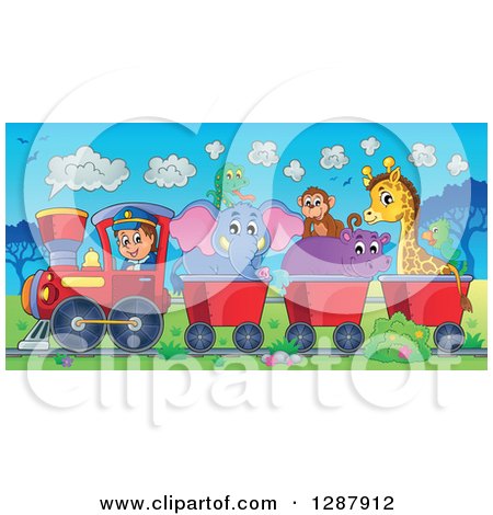 Clipart of a Happy White Male Train Engineer Driving a Steam Engine with Animals in Carts Through an African Landscape - Royalty Free Vector Illustration by visekart