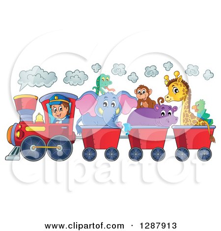 Clipart of a Happy White Male Train Engineer Driving a Steam Engine with African Animals in Carts - Royalty Free Vector Illustration by visekart