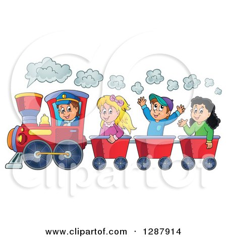 Clipart of a Happy White Male Train Engineer Driving a Steam Engine with Caucasian Children in Carts - Royalty Free Vector Illustration by visekart