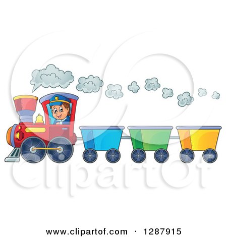 Clipart of a Happy White Male Train Engineer Driving a Steam Engine with Carts - Royalty Free Vector Illustration by visekart