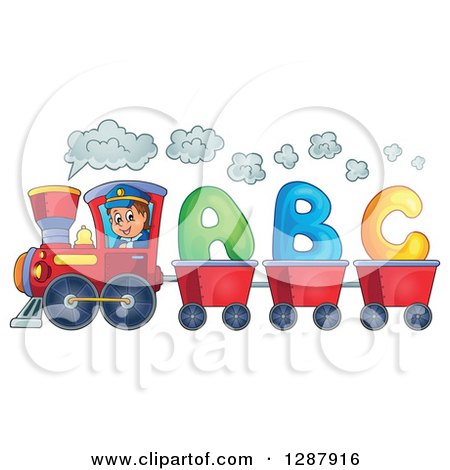 Clipart of a Happy White Male Train Engineer Driving a Steam Engine with ABC Alphabet Carts - Royalty Free Vector Illustration by visekart