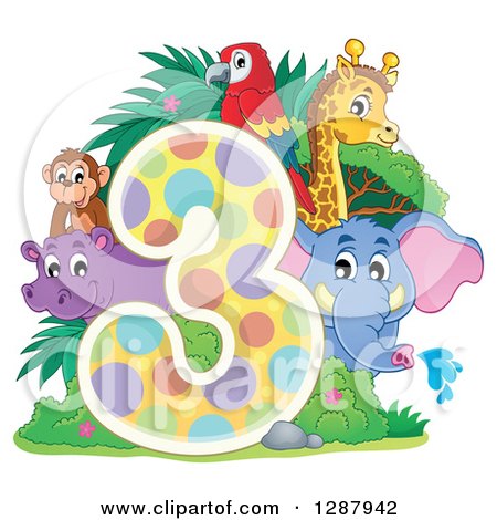 Clipart of a Colorful Number Three with a Cute Monkey Elephant Giraffe Parrot and Hippo - Royalty Free Vector Illustration by visekart