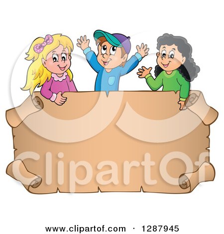 Clipart of a Blank Parchment Scroll Sign with Happy Caucasian and Hispanic Children Above - Royalty Free Vector Illustration by visekart