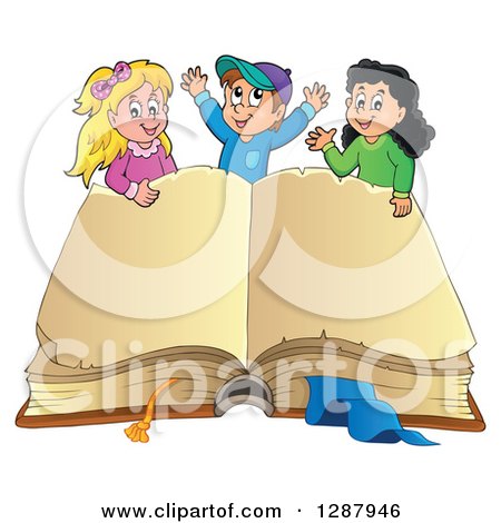Clipart of a Large Aged Open Book with Blank Pages and Happy Caucasian and Hispanic Children - Royalty Free Vector Illustration by visekart