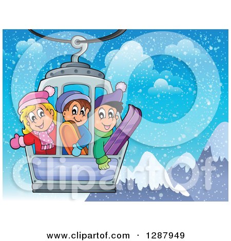 Clipart of Happy Caucasian Children Riding in a Ski Lift over Snowy Mountains - Royalty Free Vector Illustration by visekart