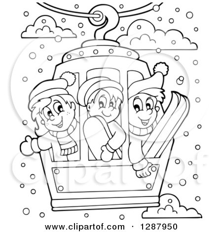 Clipart of Black and White Happy Children Riding in a Ski Lift - Royalty Free Vector Illustration by visekart