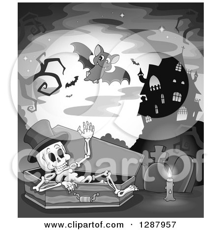 Clipart of a Grayscale Candle by a Skeleton Emerging from a Coffin in a Cemetery by a Haunted House, Full Moon and Bats - Royalty Free Vector Illustration by visekart