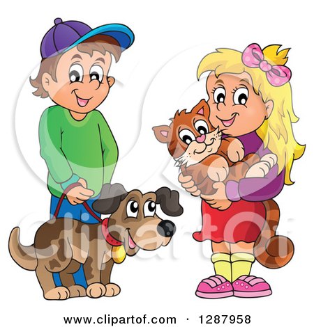Clipart of a Happy Caucasian Boy and Girl with Their Pet Dog and Cat - Royalty Free Vector Illustration by visekart