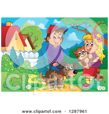 Clipart of a Happy Caucasian Boy and Girl with Their Pet Dog and Cat in a Park - Royalty Free Vector Illustration by visekart