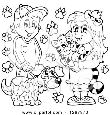 Clipart of a Black and White Happy Boy and Girl with Their Pet Dog and Cat with Paw Prints - Royalty Free Vector Illustration by visekart