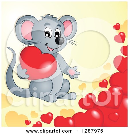 Clipart of a Cute Gray Mouse with Valentine Hearts over Yellow - Royalty Free Vector Illustration by visekart