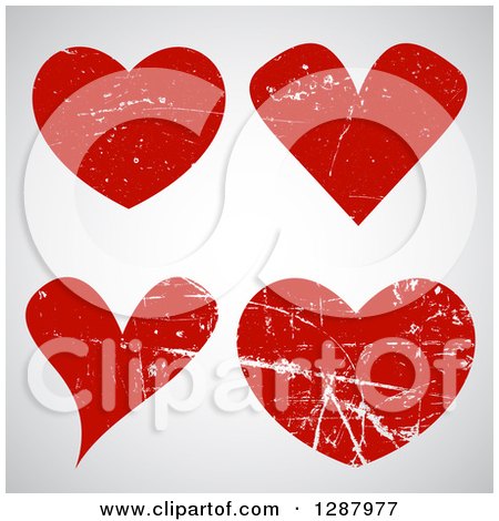 Clipart of Grungy Distressed Red Hearts over Gray - Royalty Free Vector Illustration by KJ Pargeter