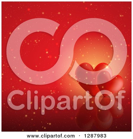 Clipart of a Red Valentines Day Background of 3d Hearts with Flares - Royalty Free Vector Illustration by KJ Pargeter