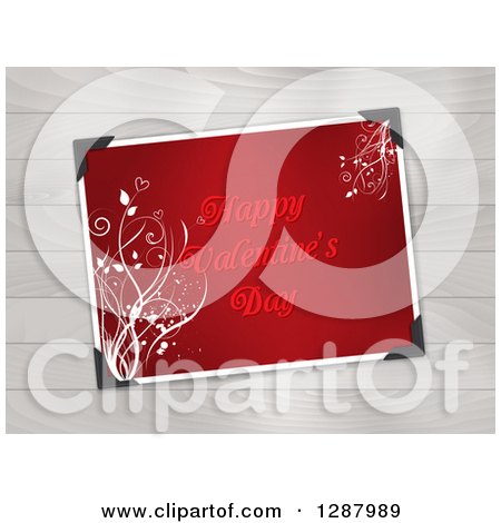 Clipart of a Red Happy Valentines Day Greeting with Floral Vines over Wood - Royalty Free Vector Illustration by KJ Pargeter