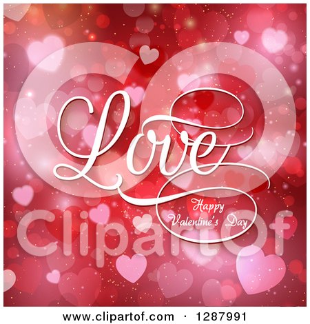 Clipart of White Love Happy Valentines Day Text over Red and Pink Bokeh Hearts - Royalty Free Vector Illustration by KJ Pargeter
