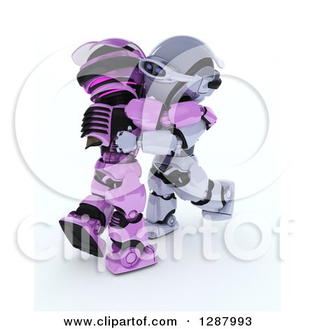 Clipart of 3d Pink and Silver Robots Hugging or Ballroom Dancing - Royalty Free Illustration by KJ Pargeter