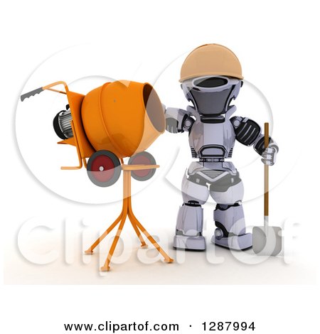 Clipart of a 3d Robot Construction Worker Standing by a Cement Mixer - Royalty Free Illustration by KJ Pargeter
