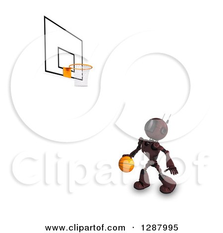 Clipart of a 3d Red Android Robot Dribbling a Basketball Under a Hoop - Royalty Free Illustration by KJ Pargeter