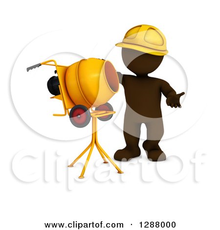 Clipart of a 3d Brown Construction Worker Man Standing by a Cement Mixer - Royalty Free Illustration by KJ Pargeter