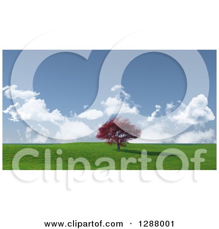 Clipart of a 3d Red Maple Tree in a Green Hilly Landscape with Blue Sky and Clouds - Royalty Free Illustration by KJ Pargeter