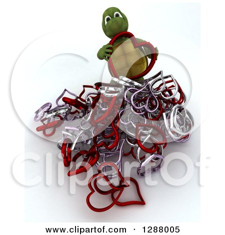 Clipart of a 3d Tortoise with a Pile of Metal Hearts - Royalty Free Illustration by KJ Pargeter
